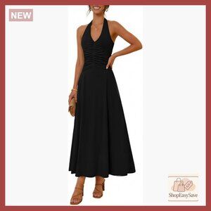 Elegant Formal Halter Maxi Dress Backless Sleeveless Ruched Cocktail Wedding